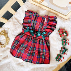 Red Plaid School-Style Dog Dress 🎀 Festive Outfit with Bow & Flutter Sleeves