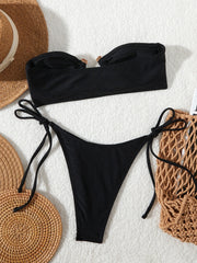 Tie-Side Shiny Ring Bandeau Bikini – Women’s Padded Low-Waist Swimsuit 2025