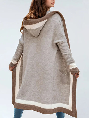 Women’s Hooded Long Cardigan – Vertical Stripes with Pockets