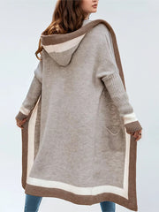 Women’s Hooded Long Cardigan – Vertical Stripes with Pockets