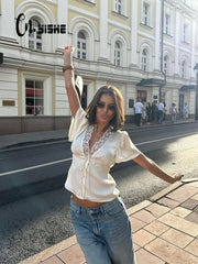 Women’s Lace Patchwork Top – V-Neck Short Sleeve Tee