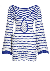 Boho Striped Knit Mini Dress – V-Neck Cut-Out Bell Sleeve Cover-Up (K123)