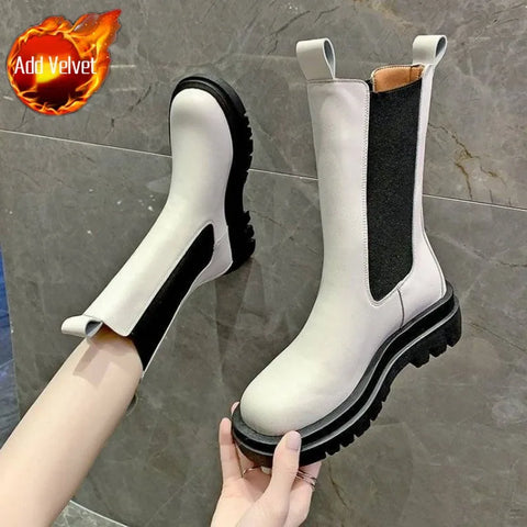 Black Ladies Boots Elegant with Low Heels Shoes for Women Chelsea Mid Calf Half High Footwear Spring Autumn Sale Quality 2025 Pu