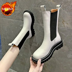 Black Ladies Boots Elegant with Low Heels Shoes for Women Chelsea Mid Calf Half High Footwear Spring Autumn Sale Quality 2025 Pu