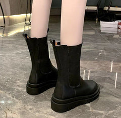 Black Ladies Boots Elegant with Low Heels Shoes for Women Chelsea Mid Calf Half High Footwear Spring Autumn Sale Quality 2025 Pu