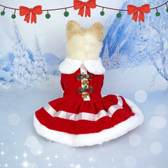 Christmas Pet Dress – Cute Santa Outfit with Bow & Bells for Dogs Winter Warm Wear
