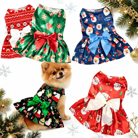 Christmas Dog Dress – Santa Claus & Snowflake Print Sleeveless Outfit for Small, Medium & Large Dogs