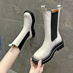 Black Ladies Boots Elegant with Low Heels Shoes for Women Chelsea Mid Calf Half High Footwear Spring Autumn Sale Quality 2025 Pu