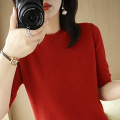 Women’s Short Sleeve Slim Fit Knitted Sweater – Camel & Pink