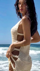 Sexy Knit Striped Side Cut-Out Mini Beach Dress – Women’s Swimsuit Cover-Up