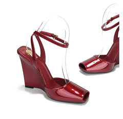 Slope heel, fish mouth, empty sandals, patent leather ankle buckle strap, stylish, sexy, shallow mouth,comfortable women's shoes