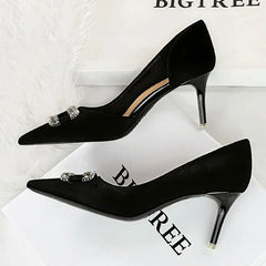 Velvet Pointed Toe Hollow Pumps – Crystal Buckle Thin High Heels (Purple)