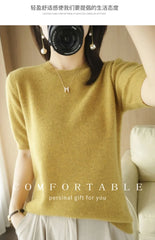 Women’s Short Sleeve Slim Fit Knitted Sweater – Camel & Pink