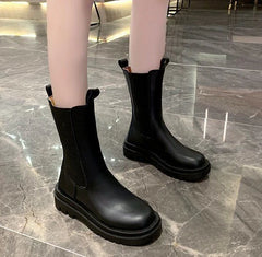 Black Ladies Boots Elegant with Low Heels Shoes for Women Chelsea Mid Calf Half High Footwear Spring Autumn Sale Quality 2025 Pu