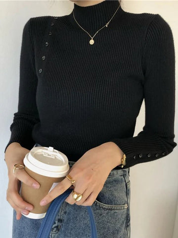 Women’s Knitted Turtleneck Sweater – Slim Button Pullover