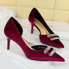 Velvet Pointed Toe Hollow Pumps – Crystal Buckle Thin High Heels (Purple)