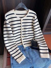 Women’s Stripe Knit Cardigan – O-Neck Single-Breasted Crop Sweater