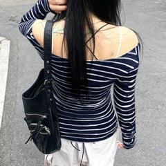 Women’s Japanese Stripe Long Sleeve Tee – Slim Off-Shoulder Y2K Top