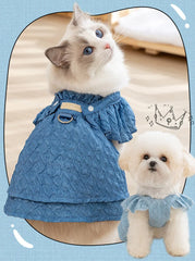 Denim Dog Dress – Summer Blue Outfit with Leash Ring for Small Dogs & Cats