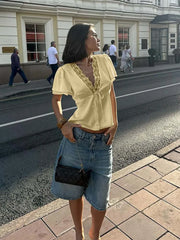 Women’s Lace Patchwork Top – V-Neck Short Sleeve Tee