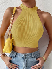 Women’s Ribbed Knit Halter Crop Top – Y2K Style