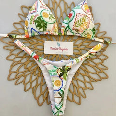 Y2K Print Halter Lace-Up Bikini Set – Sexy Women’s Thong Swimsuit