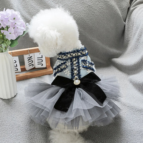 Grey Blue Princess Pet Dress – Autumn/Winter Wedding Outfit for Small & Medium Dogs