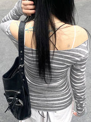 Women’s Japanese Stripe Long Sleeve Tee – Slim Off-Shoulder Y2K Top