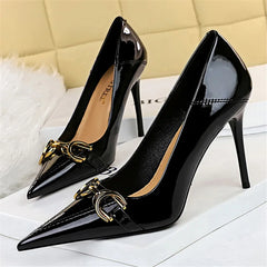 Luxury Design Women 10cm High Heels Metal Buckle Green Pumps Lady Plus Size Wedding Stiletto Heels Party Nude Replica Prom Shoes