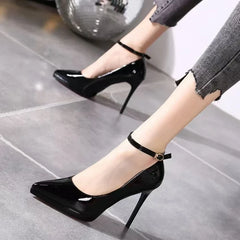 11cm Super High Stiletto Heels Pumps Women Shoes Pearl Chain Thong Ankle Strap Pointed Toe Big Size Leather Office Shoes