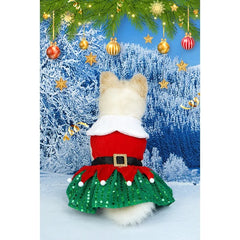 Christmas Dog Dress – Red Belt & Sequin Skirt Holiday Outfit