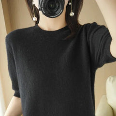 Women’s Short Sleeve Slim Fit Knitted Sweater – Camel & Pink