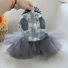 Grey Blue Princess Pet Dress – Autumn/Winter Wedding Outfit for Small & Medium Dogs
