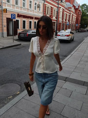 Women’s Lace Patchwork Top – V-Neck Short Sleeve Tee