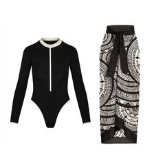 Long-Sleeve One-Piece Swimsuit with Skirt – Women’s Sexy Cover-Up Swimwear