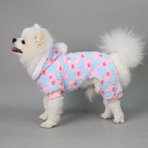 Heart Plush Dog Pajamas – Warm Fleece Winter Onesie with Pom-Pom for Small Dogs