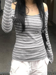 Women’s Japanese Stripe Long Sleeve Tee – Slim Off-Shoulder Y2K Top