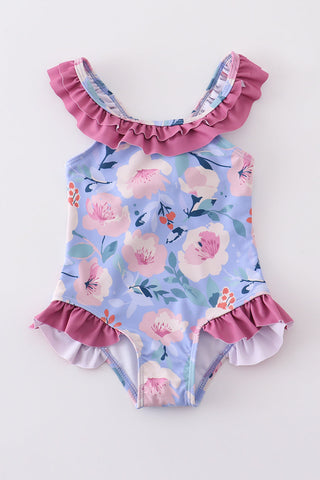 Floral pint ruffle girl swimsuit
