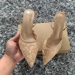 Luxury Brand High Heels Women Sandals Mesh Embroider Elegant Pointed Ladies Slingback Evening Party Wedding Bridal Dress Shoes