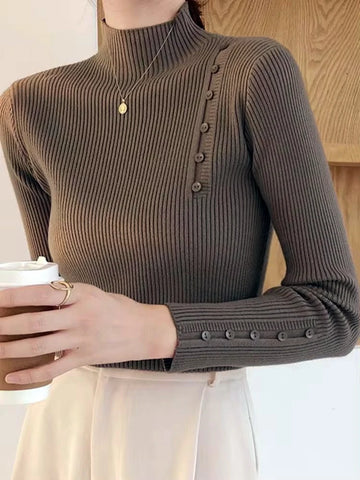 Women’s Knitted Turtleneck Sweater – Slim Button Pullover
