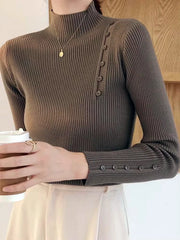 Women’s Knitted Turtleneck Sweater – Slim Button Pullover