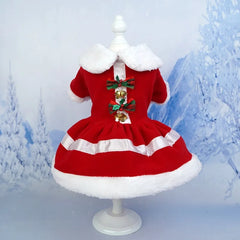 Christmas Pet Dress – Cute Santa Outfit with Bow & Bells for Dogs Winter Warm Wear