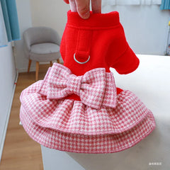 Red Winter Princess Pet Dress 🎀 Warm Outfit with Belt for Small & Medium Pets