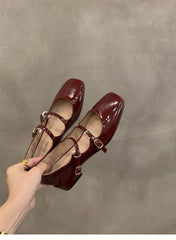 Retro Mary Jane Shoes – Glossy Medium Heel Comfort Ballet Pumps