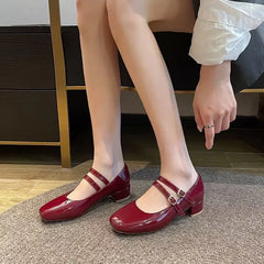 Burgundy Patent Mary Jane Pumps – Double Buckle Vintage Low Block Heels (2025)