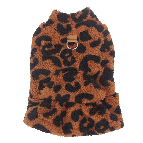 Leopard Print Dog Dress – Winter Fleece Hoodie Coat for Small Dogs