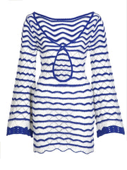 Boho Striped Knit Mini Dress – V-Neck Cut-Out Bell Sleeve Cover-Up (K123)