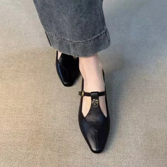 2025 New Vintage Women's Leather Mary Jane Pumps - Pointed-Toe Gold Floral Buckle T-Strap Low Heel Office & Daily Shoes