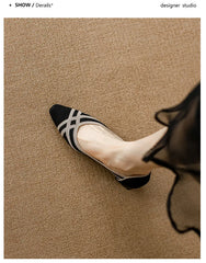 Women's high heels knitted breathable square heel beautiful princess non slip rubber sole comfortable shoes 2024 new model