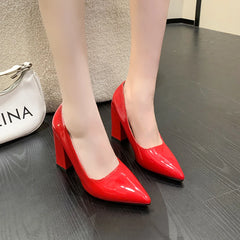 10cm High Heel Colorful Pumps Women's Shoes Pointed Toe Fashion Red 3.9inch Chunky Heels Patent Leather Female Plus Size 49 50